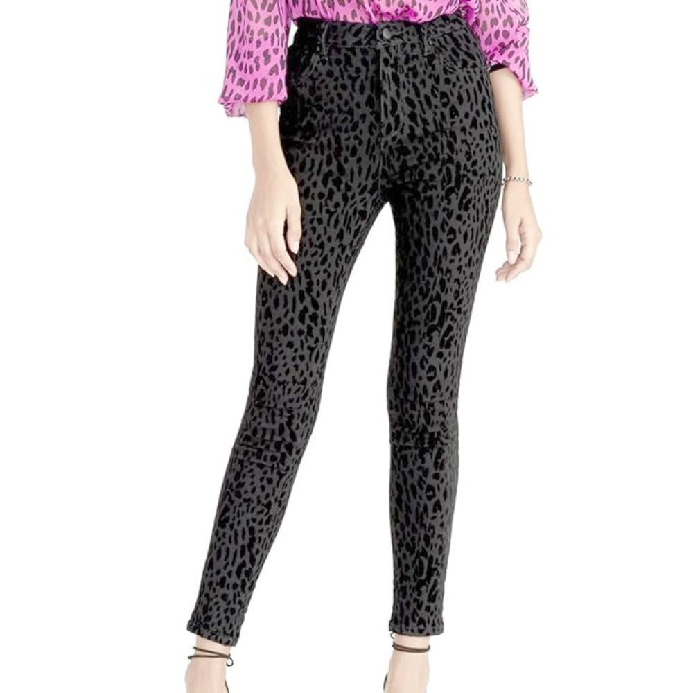 RACHEL ROY Sahara Black Flocked Velvet Leopard Print Skinny Jeans